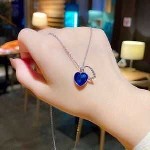 NEW Silver Plated Blue Crystal Love Heart Pendant Necklace